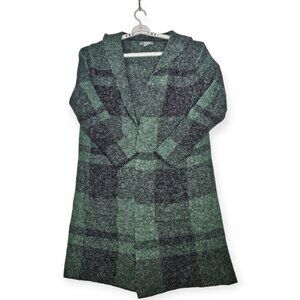 Natural Reflections | Long Hooded Cardigan | Women's Large Green Gray Plaid
